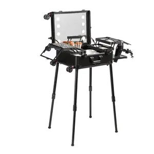 fathersdaygift VEVOR Makeup Train Case with Lock, Lighted Mirror, 4 Storage Trays, Brush Holder, Travel Cosmetic Organizer Box w/ Swivel Wheels, Professional Artist Trolley Studio Free Standing Case