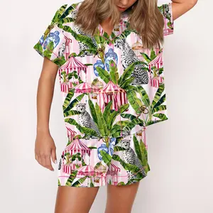 Jungle With Cheetahs Striped Satin Pajama Set For Women Print Comfy Satin Sleepwear & Loungewear Pjs Printing Silky Top & Bottoms - SHESHOW