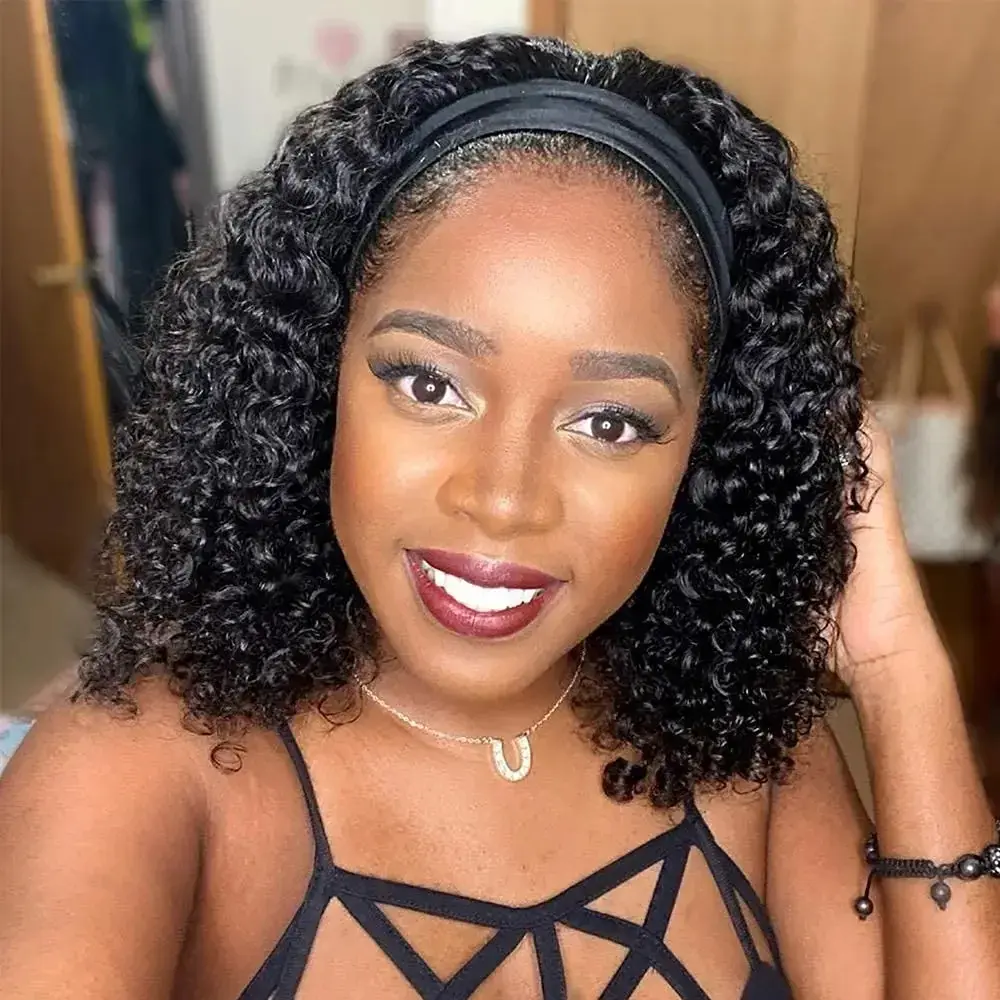 Bling Hair Headband Wig Human Hair Deep Wave Kinky Curly None Lace Front Wig Human Hair Machine Made Wigs 180% Density Headband Curly Human Hair Wigs for Women Natural Color #SummerVibes