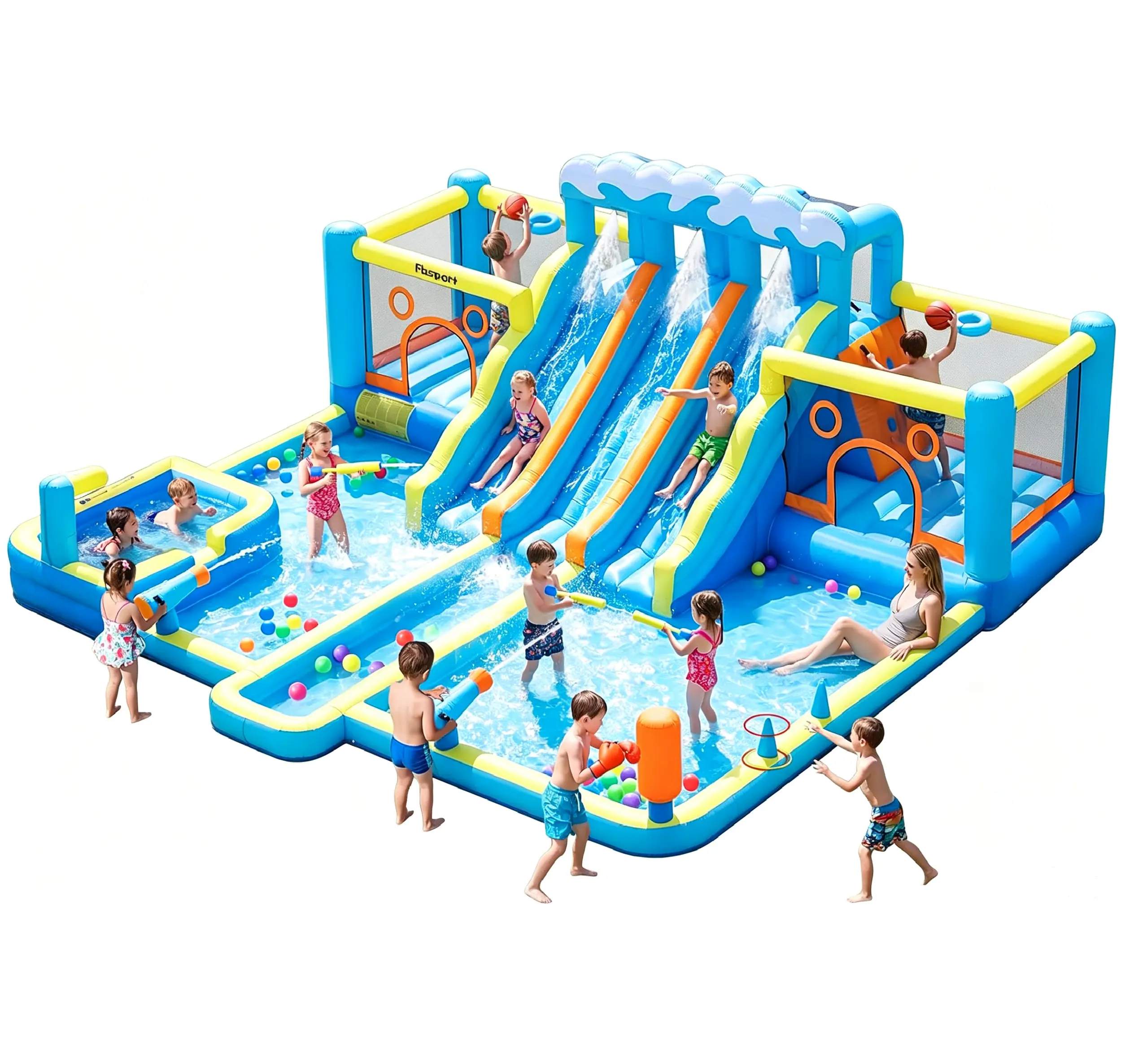 FBSPORT Inflatable Bounce House Water Slide - 10-in-1 Backyard Park with 3 Slides, 2 Bouncers, 950W Blower, Water Gun, Splash Pool for Kids' Outdoor Parties