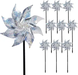 10 Pack Reflective Pinwheels with Stakes, Extra Sparkly Pinwheel for Garden Decor, Bird Devices Deterrent to Scare Birds Away from Yard Patio Farm
