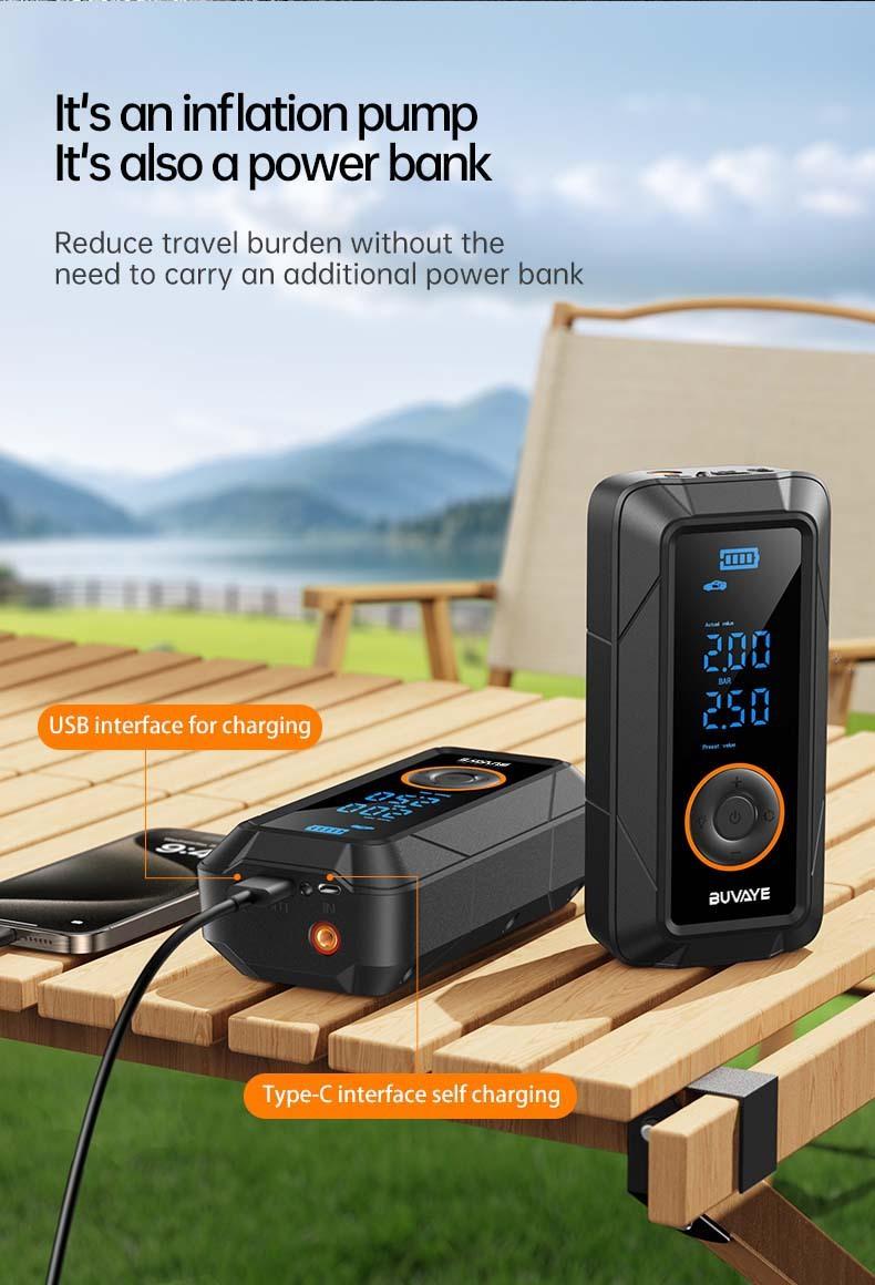 Multi-Functional Car Emergency Jump Starter Power Supply with Built-in Tire Inflation Pump, Portable Emergency Battery Power Bank for Vehicle Rescue