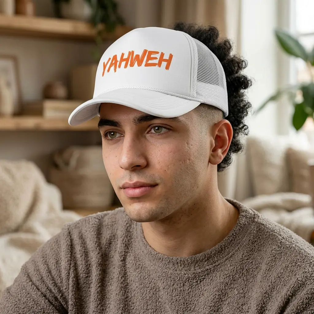 Women's YAHWEH Script Trucker Hat - Vintage Unisex Clothes Accessory, Mid-Profile Foam Mesh, Hand-Painted Assertive Text Slogan Lettering, Adjustable Snapback for Lake Mornings, Trucker Hats, One Size