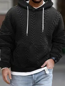 Men's Solid Textured Drawstring Hoodie, Casual Loose Drop Shoulder Long Sleeve Hooded Sweatshirt for Fall & Winter, Men's Clothes for Daily Wear, Fashion Casual Sweatshirt