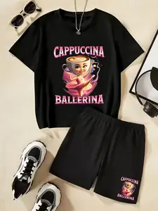 Cappuccina Ballerina Printed Children's Short-Sleeved Set - Summer Casual Comfortable Fashionable Daily Outdoor Versatile T-Shirt And Shorts Set, Ideal Gift Choice