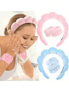 Valentine's Day Gift 3pcs/Set Spa Headband And Wristband Set, Fluffy Sponge Headband For Washing Face, Makeup And Skincare, Puff Makeup Headband, Face Mask, Skincare, Hair Accessories, Fluffy Cloud-Like Headband, Non-Slip Headband