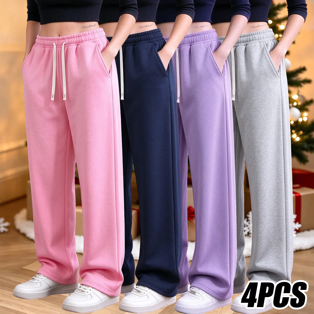 JOGWAVE Women's 4-Pack Fleece-Lined Autumn/Winter Basic Minimalist Wide-Leg Pants - Activewear Sportswear Bottom with Pockets, Drawstring Waist, Loose Casual Athletic Fit