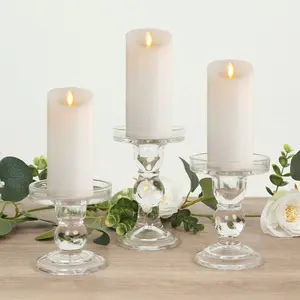 Set of 3 Glass Pillar Candle Holders 3.5", 4.5", 5.5" Clear with Round Tray - Crystal Ball Stem Taper Candlestick Tea Light Stands