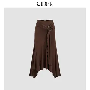 Cider Women's Mid-Rise Ruffle Hem Ruched Maxi Skirt
