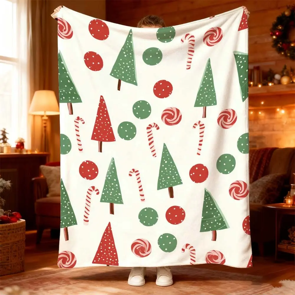 1pc Christmas Style White Soft Blanket + Green and Red Christmas Tree & Candy Prints + Indoor Holiday Decor Scene