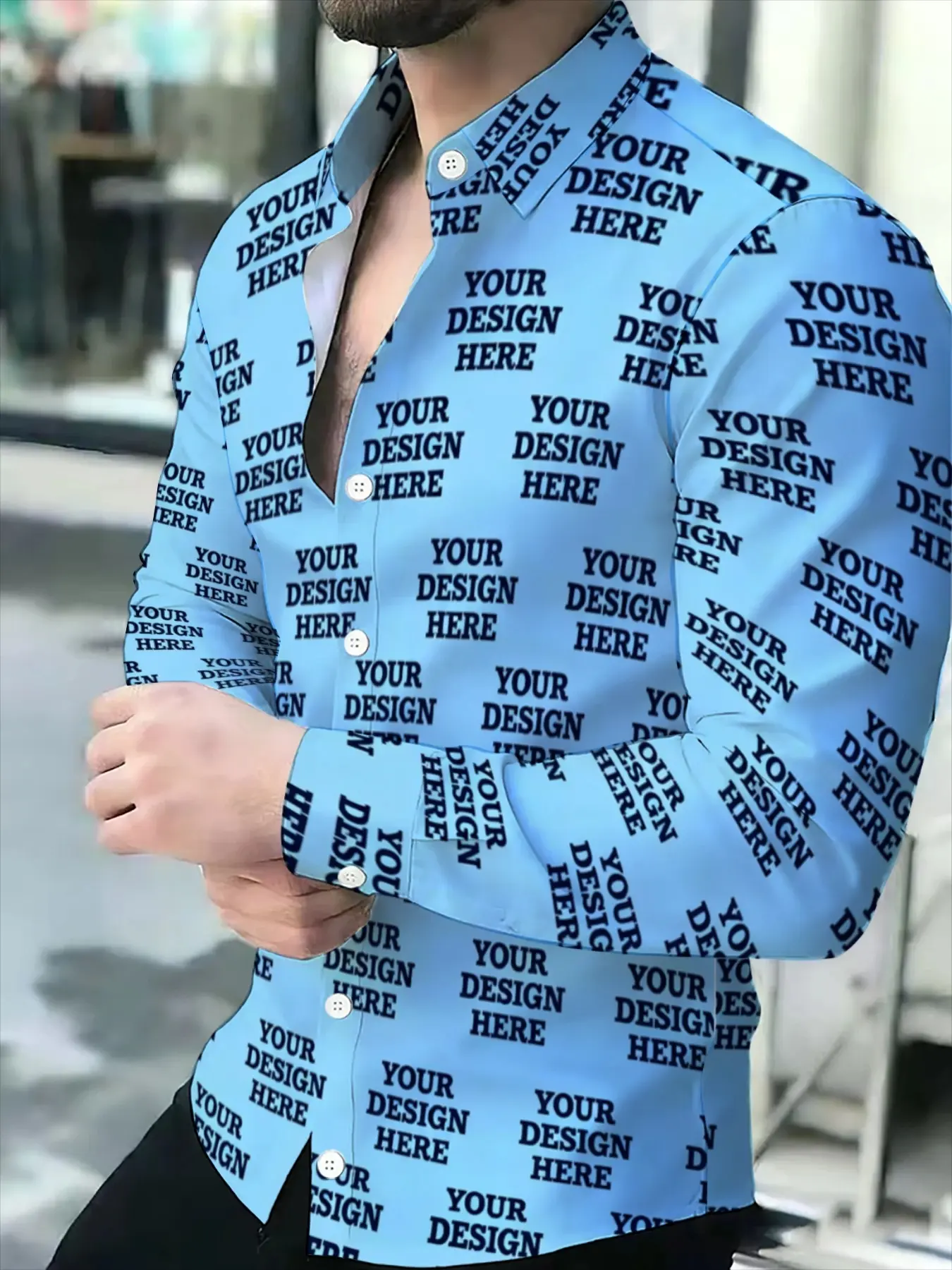 Light Blue Base Full Print Text Men's Custom Shirt