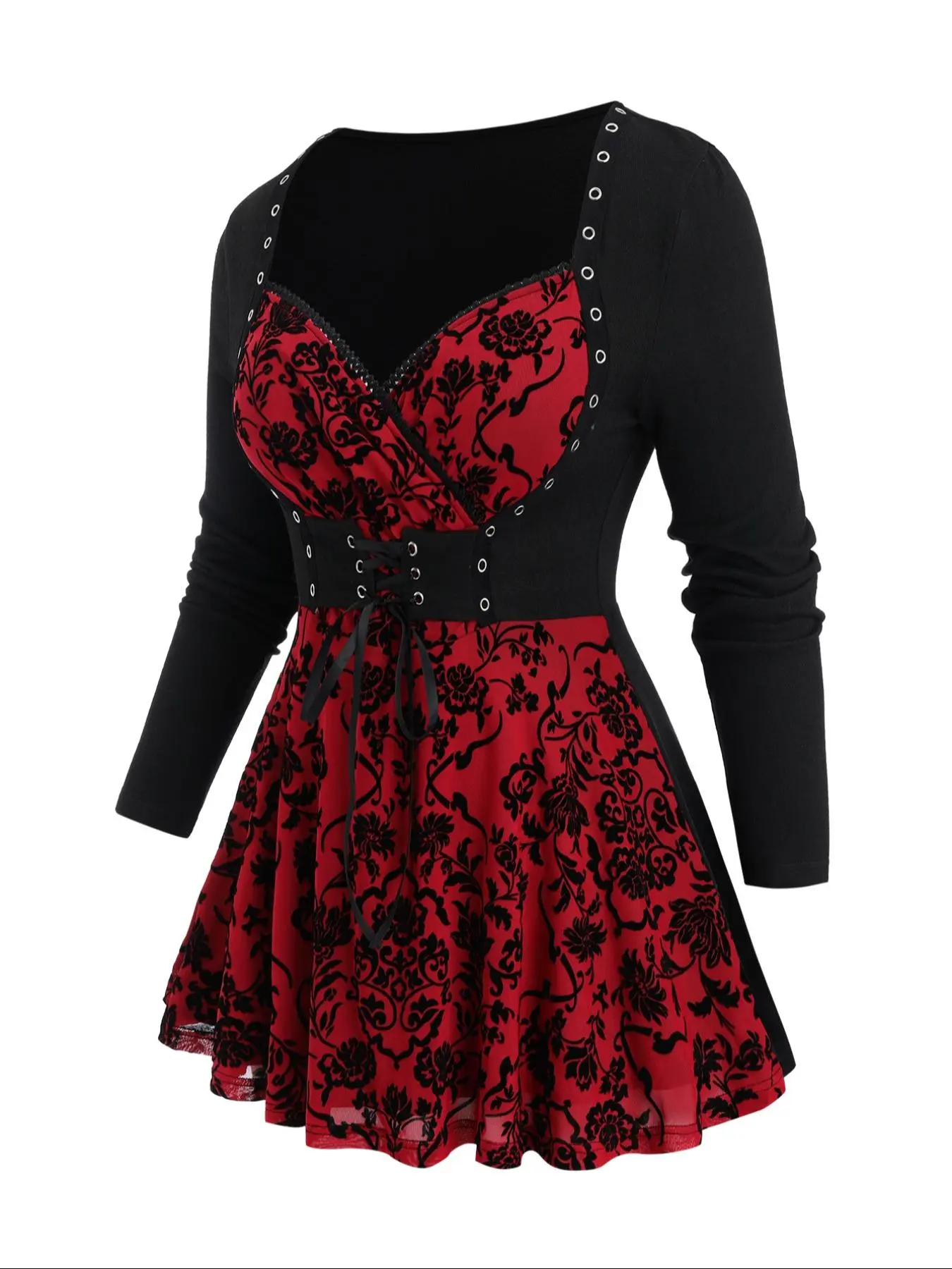 Women's Plus Size Gothic Halloween Party Long Sleeve Top, Feminine Casual Slim-Fit Jersey Knitted Fabric, Fall & Winter Fashion, Ladies Clothing
