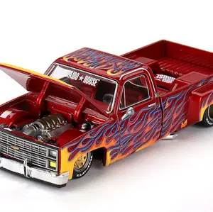 Chevrolet Silverado Dually Pickup Truck "On Fire V1" Red Metallic with Flames and Red Interior, Designed by Jun Imai, Mini GT 1/64 Diecast Model Car Vintage Brown