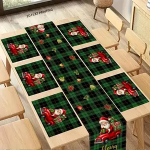 2D flat printing, 1 piece/4 pieces/6 pieces/5 pieces set/7 pieces set, Christmas checkered table flag+placemat set, Table Runners, red and green holiday decoration, durable linen fabric, very suitable for indoor/outdoor celebrations and seasonal events