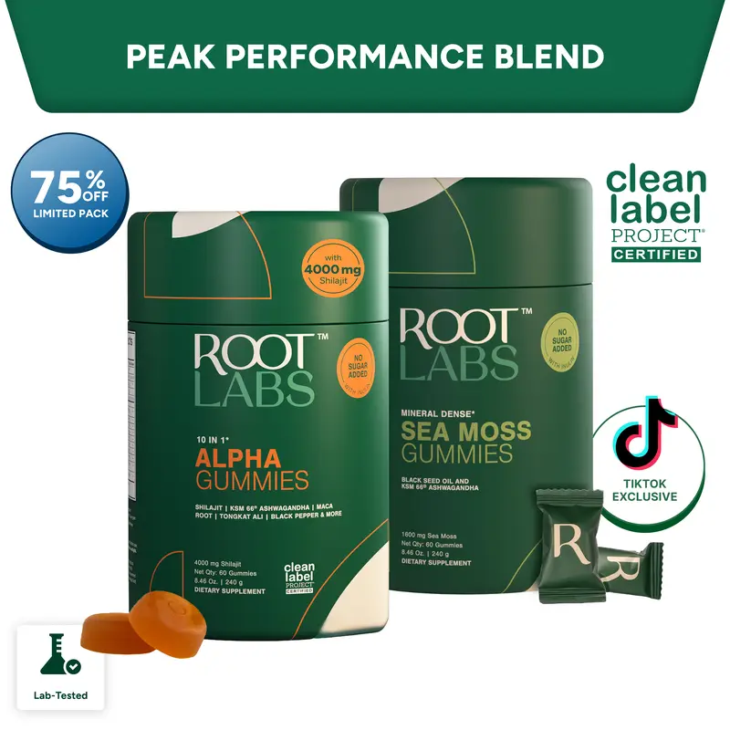 Root Labs 10-in-1 Alpha + Sea Moss Combo | New Year New Me Edition | Himalayan Shilajit + 92-Mineral Sea Moss | KSM-66 Ashwagandha, Maca, Tongkat Ali, Black Seed Oil | No Added Sugar | 60 + 60 Individually Wrapped Gummies | Transform Your Health Goals