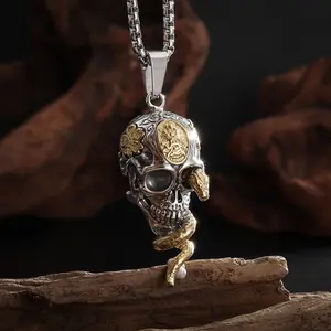Vintage Gothic Skull Snake Pendant Necklace, Unique Dark Hip-Hop Fashion Accessory, Trendy Skull Pendant Suitable for Gifts and Daily Wear Stainless Steel Cuban Link cross