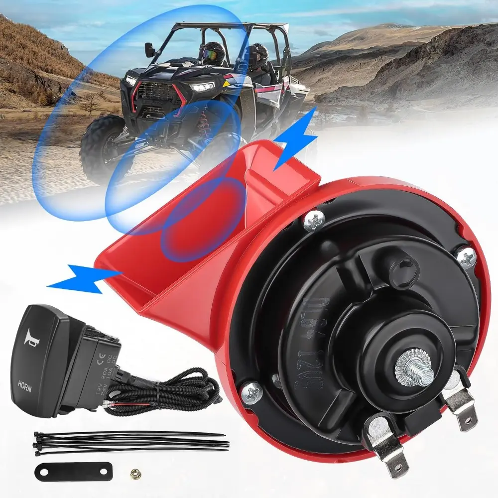 12V Upgraded 105DB Universal Loud SXS Horn Kit with Rocker Switch, Heat Shrink Tube for Polaris RZR, Ranger, PRO XP, Can Am Maverick X3, Defender, CFMOTO, Teryx, Bennche Bighorn, ATV, Talon