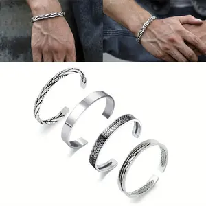4PCS Men'S Silvery Cuff Bracelets with Leaf Patterns - Twisted Open Design, Elegant Metal Wristbands for Casual Attire,and Valentine'S Day Gifts,Festival Accessory Elegant Cuff Bracelets Durable Metal Cuff