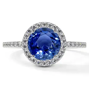 Classic Round Blue Sapphire Halo Ring with Prong Set Diamonds (2.61cttw)- RBS001-8X8-AAA