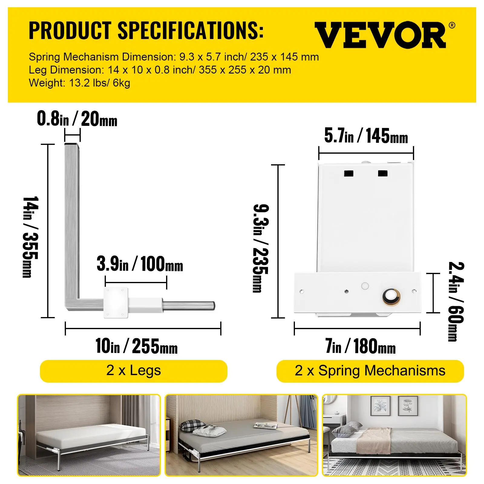 VEVOR Strong Metal Wall Mount Murphy Bed Springs Mechanism Kit, Heavy-Duty Iron+Steel Durable High-Load Hardware, Easy Setup for Twin/Queen Horizontal Murphy Beds, Lofts, White