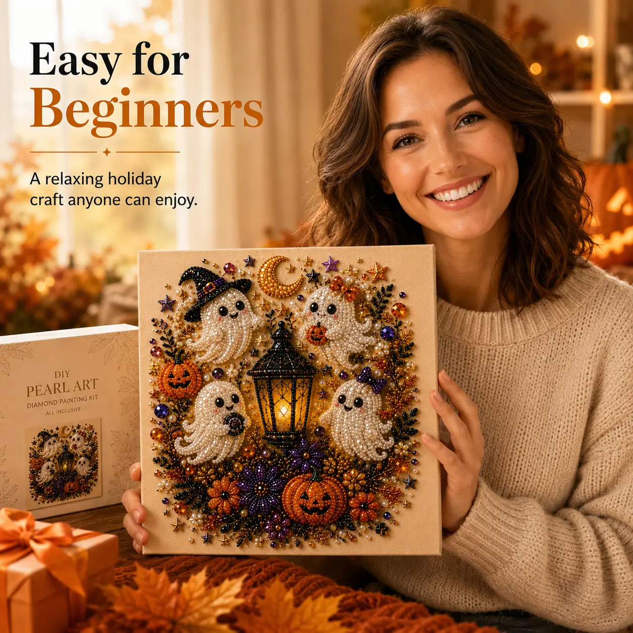 Spooky Cute Ghost No light 8inx8in Themed Pearl 3D Diamond Painting DIY Kit, Multipurpose Fall Season Handicraft Set, Beautiful Wall Art Furnishing Accessory for Household Indoor Decoration & Holiday Party Present