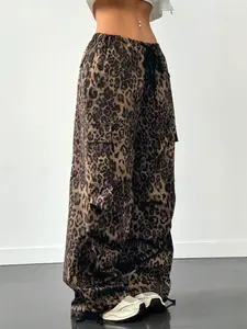 Women's Leopard Print Drawstring Waist Parachute Cargo Pants