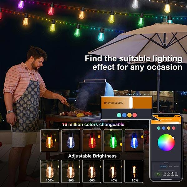 Flacchi 46FT Smart S14 Outdoor String Lights, Bluetooth APP Control, Remote Dimmable Waterproof Shatterproof Patio Lights for Backyard, Party, Holiday Decor