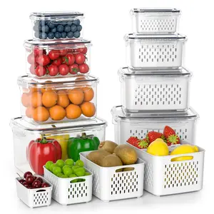 Fruit Storage Containers for Fridge with Removable Colander, Airtight Food Storage Container, Dishwasher Safe Produce Saver for Refrigerator, Keep Berry Fruit Fresh Longer 4 pcs Small Clear