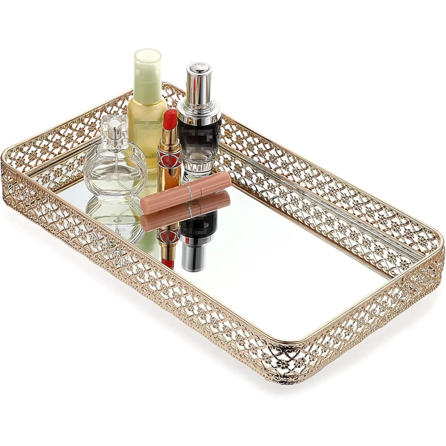 Perfume & Makeup Vanity Tray - Hollow-Carved  Storage, Glass & Metal Trinket Organizer for Dresser & Bathroom Countertop, Large Size