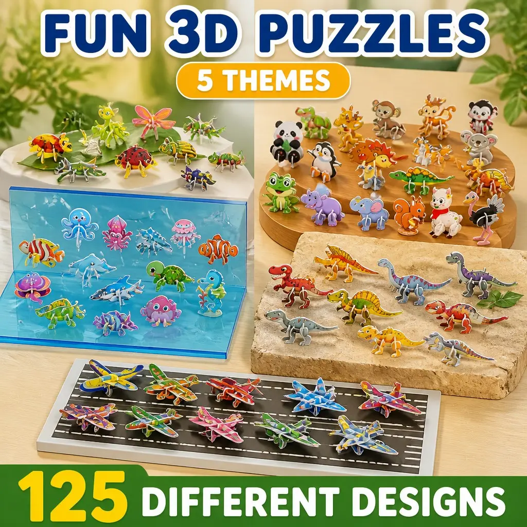 3D Puzzles for Kids Ages 3-8, 125PCS Animal Building Puzzle Set with 5 Themes, Educational Learning Toys for Toddlers, Montessori STEM Toys, Creative Hands-On Assembly Activity, Fine Motor Skills Development Toy, Preschool Learning Gift