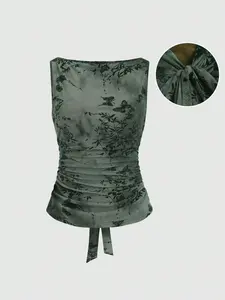 Women's Sleeveless Back Lace-Up Slimming Mesh Top, Summer Fashion Elegant Butterfly Floral Design, Comfortable & Stylish Women's Clothing