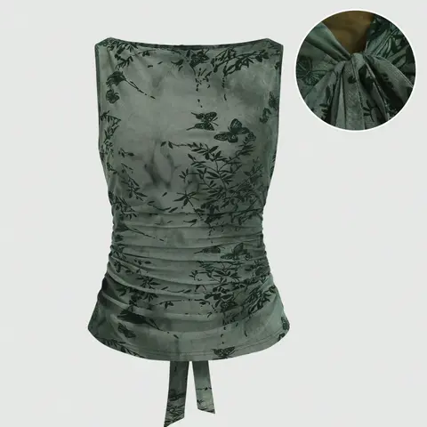 【Black Friday】Women's Slim Fitting Sleeveless Tie Back Breathable Mesh Lightweight Tank Top, Summer Elegant Butterfly Floral Printed Sleeveless Top, Comfortable & Stylish Women's Clothing