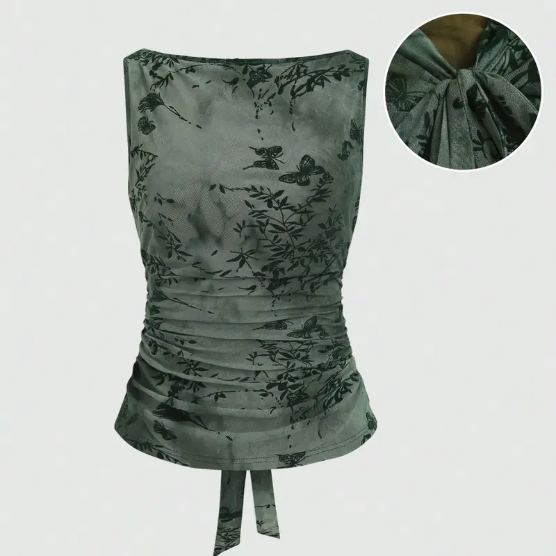 【Black Friday】Women's Slim Fitting Sleeveless Tie Back Breathable Mesh Lightweight Tank Top, Summer Elegant Butterfly Floral Printed Sleeveless Top, Comfortable & Stylish Women's Clothing