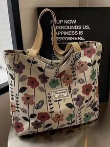 Vintage Floral Canvas Tote Bag with Wide Shoulder Strap, Durable and Easy to Clean, Stylish Tote Bag, Perfect for Students and Daily Use, Ideal for School, Work, and Travel