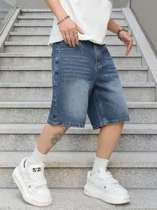 Men's washed vintage retro color Jean denim shorts, Pocket, trendy, versatile, loose straight-leg natural casual streetwear denim five-point pants