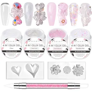 Makartt Solid Gel Builder for Nails Starter Kit: Clear and Shimmers 4 Colors for Extension 3D Sculpting Carving DIY Manicure, Molding Hard Gels with Silicone Flower Molds Sculpture Brush