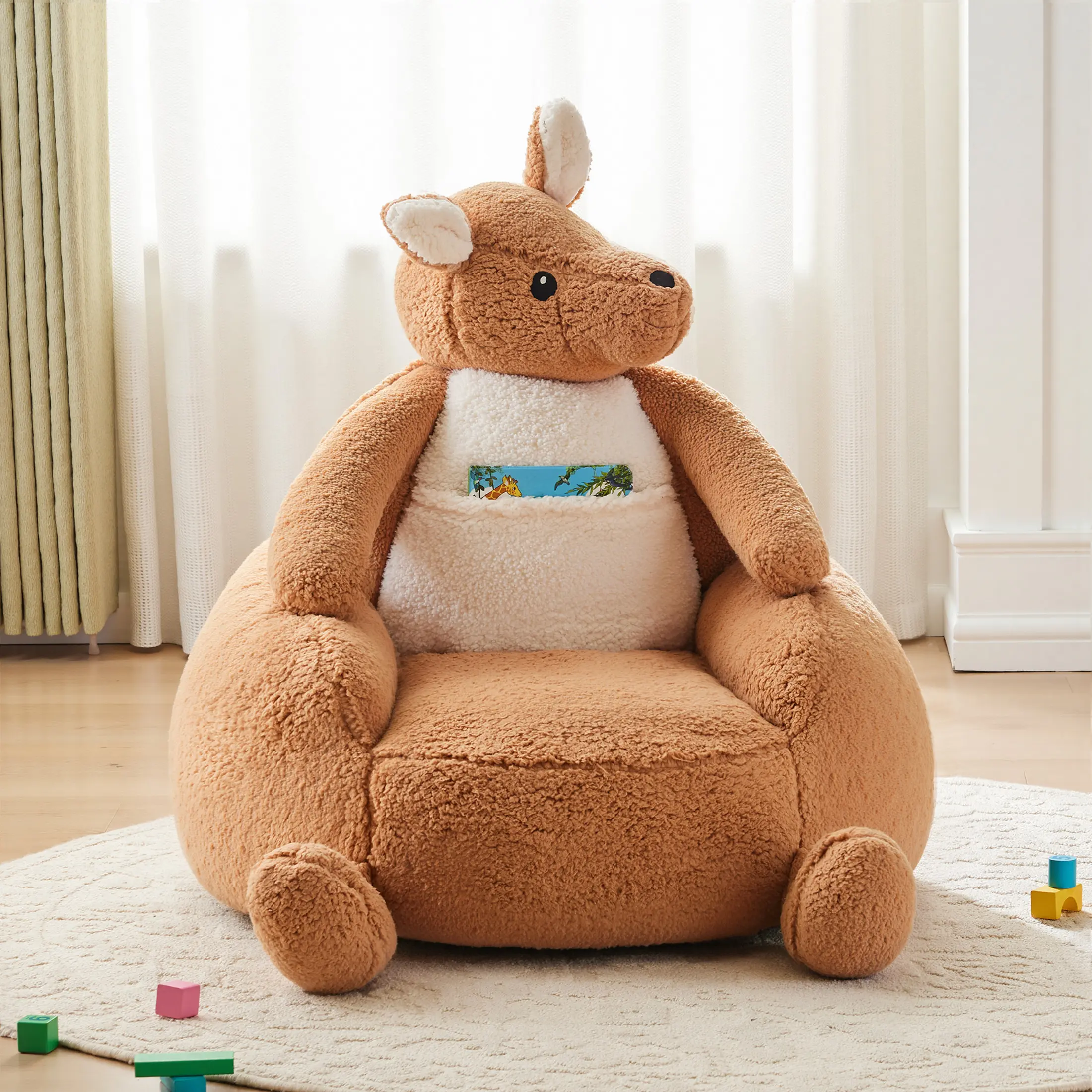 Sweetcrispy Cartoon Smiley Face Kangaroo-Shaped Bean Bag Chair, Faux Rabbit Fur Covered Comfy Couch, Stuffed Kids Indoor Furniture Sofa for 4-12 Years Old Children, Kid Room & Living Room