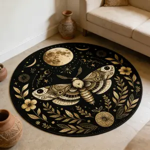 Dark Star Moon Moth Rug, Decorative Area Rug, Vintage Boho Rug, Round Vintage Design Gold Leaf Floral Carpet, Soft Comfortable Hand Wash Only, Ideal for Living Room Bedroom Decor