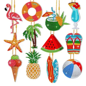 5D Summer Diamond Painting Hanging Ornaments Kit, 8Pcs 5D Diamond Art Suncatcher with Rope, Flamingo Watermelon Pineapple DIY Pendant for Window Home Garden Decor