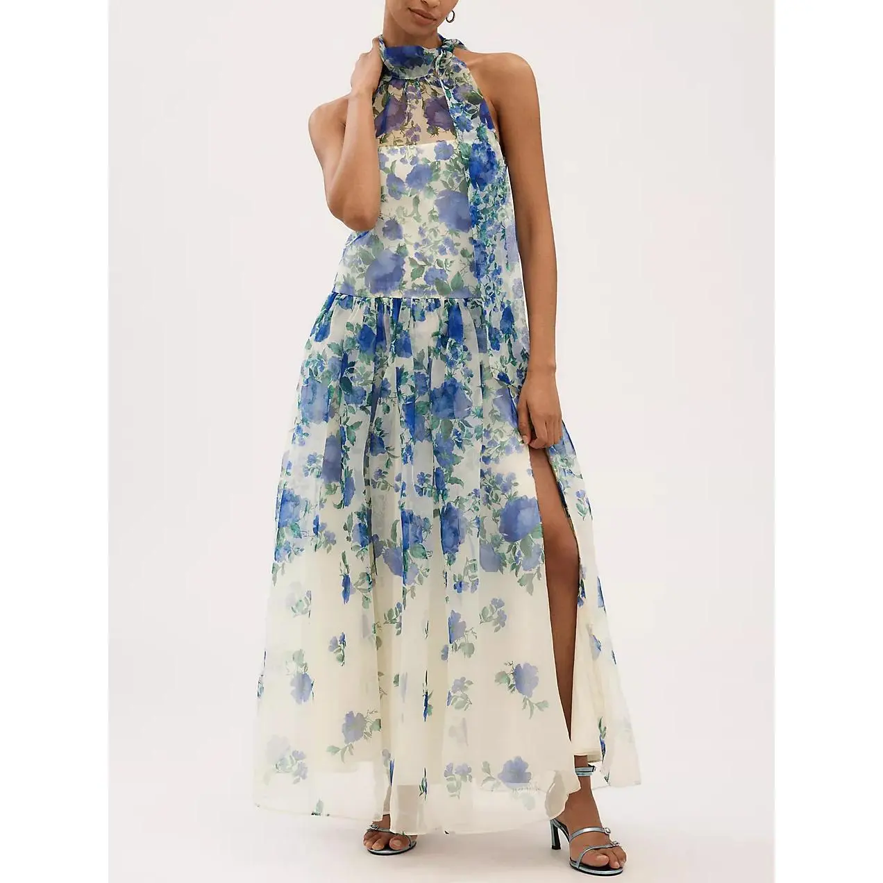 Women's Halter Neck Floral Print Maxi Dress – Sheer Organza, Tiered Skirt, High Slit, Elegant Evening Gown for Wedding Guest & Special Occasions