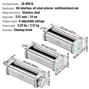 VEVOR Pasta Attachment for KitchenAid Stand Mixer, Stainless Steel Pasta Roller Cutter Set Including Pasta Sheet Roller, Spaghetti and Fettuccine Cutter, 8 Adjustable Thickness Knob Pasta Maker, 3Pcs
