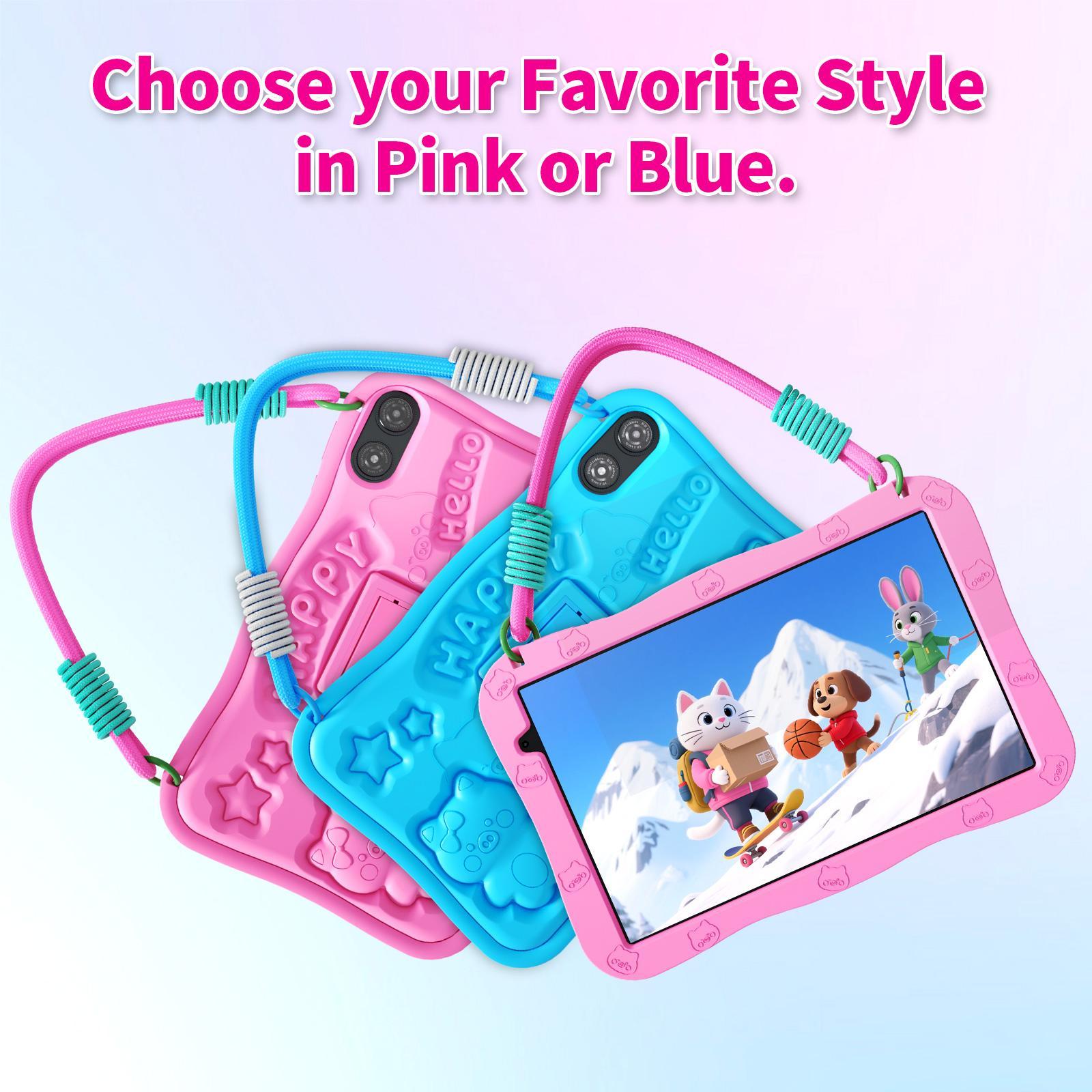 [TikTokShopStockUp]PRITOM Kids Tablet 10 inch Android 15 8GB RAM 32GB ROM Dual Cameras WiFi 6 6000mAh Battery Protective Silicone Case Animal Flash Cards Educational Apps Toddler Gifts Stress Relief Case Pink Blue-Tablet Screen