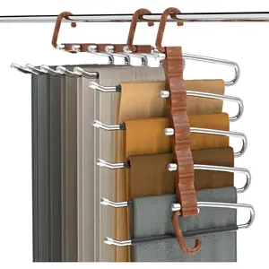 Pants Hangers Space Saving - 2 Pack Closet organizers and storage for Pants Jeans, Stainless Steel, Anti-Slip Multifunctional Pants Rack, Closet Organizer for Pants Jeans Leggings Trousers Scarf,Brown