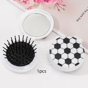 Foldable Mini Hair Comb with Makeup Mirror, Anti-Static Scalp Massager, Football Pattern, Ideal for Travel and Daily Use, Perfect Gift