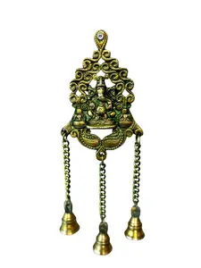 Beautiful Brass Lord Ganesha Wall Hanging with Bells & Green Patina Antique Finish for Mandir, Home Décor - Traditional Housewarming Gift Indian Hangable Decor Ornaments