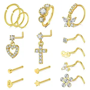 15PCS 20G/18G Gold Nose Rings Hoop Studs Set for Women Men, Stainless Steel L Shaped Screw Bone Nose Stud Piercing Jewelry, CZ Butterfly Heart Cross Dangle Nose Piercing Kit