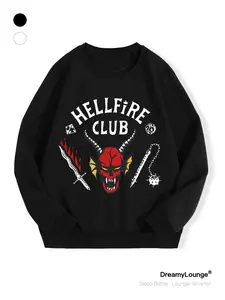 Stranger Things Hellfire Club Graphic Sweatshirt, Casual Fitted Round Neck Pullover, Daily Wear Home & Outdoors, Fall Winter Fashion