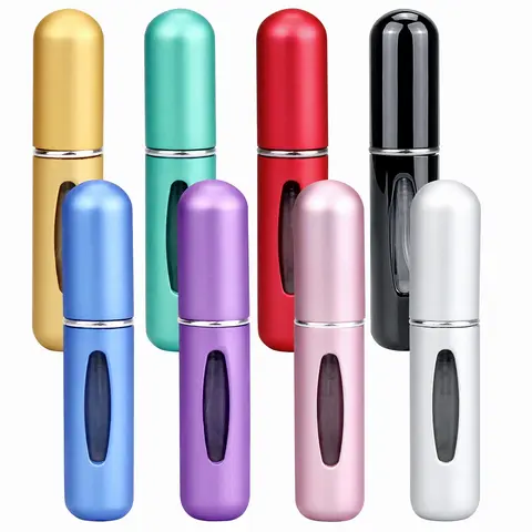 Women's Refillable Perfume Atomizer Travel Spray Empty Cosmetic Bottles, 8-Pack 5mL Leakproof Aluminum-Glass Metallic Multi-Color with Transparent Window, Airport-Approved Compact Storage Bottles with Tin Case for Travel