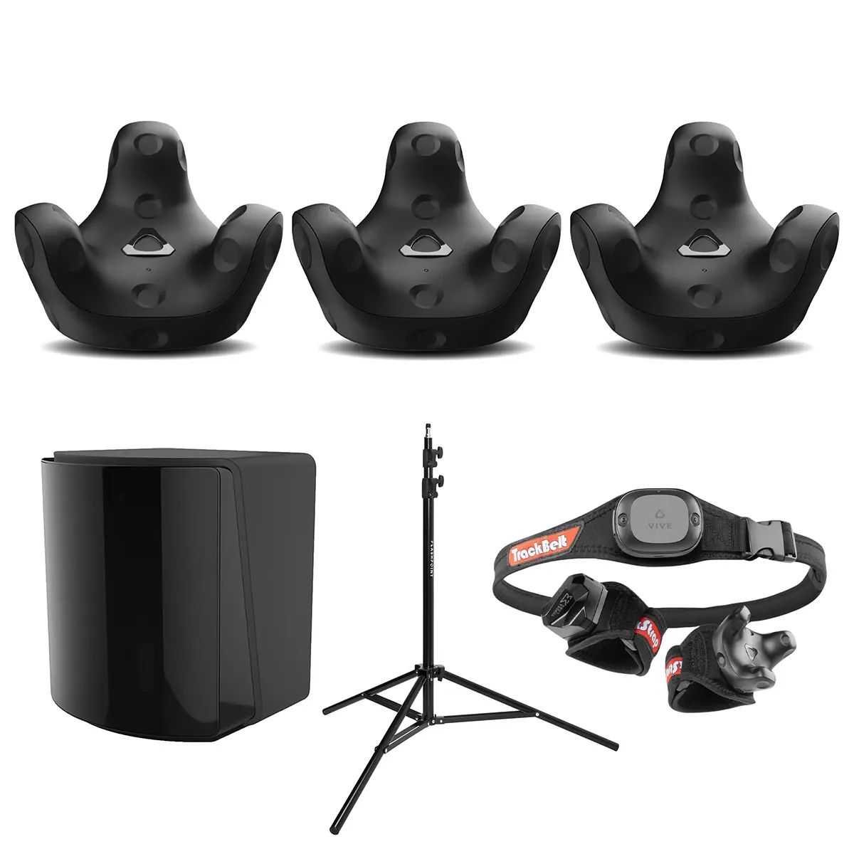 HTC 3-Pack VIVE Tracker (3.0) High Precision Durable Full Body Tracking VR Devices Bundle, 3 Units Trackers Set with Base Station 1.0, Rebuff Reality TrackBelt, 2 TrackStraps, Light Stand, Wearable USB-Port Button Accessory, Three Units