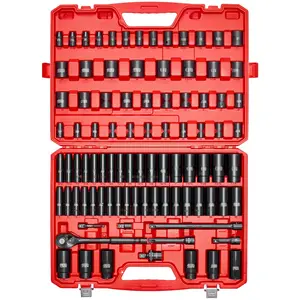 1/2 Inch Drive Impact Socket Set, 91-Piece, 6-Point Deep And Shallow Sockets, SAE (5/16 To 1-1/4 Inch) And Metric (8 To 32 Mm) Sizes With Extension Bars (3, 5, 10 Inch), Cr-V Steel, Carrying Case